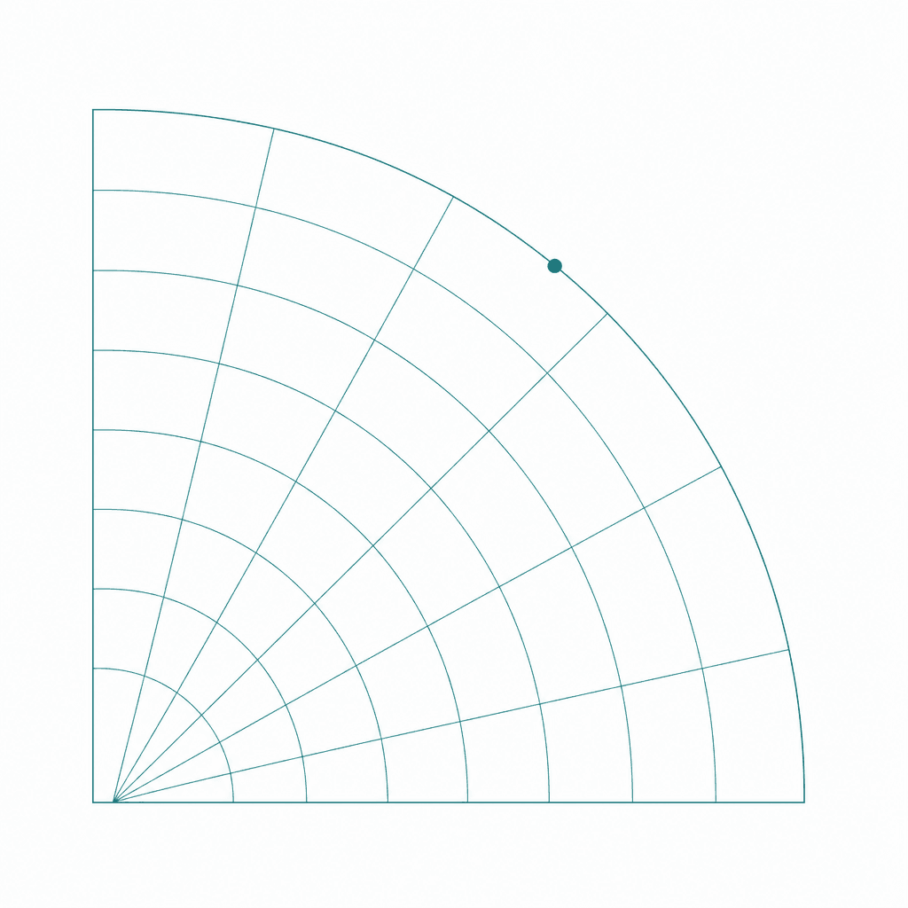 A radar sweep diagram with concentric range rings and a single marked contact